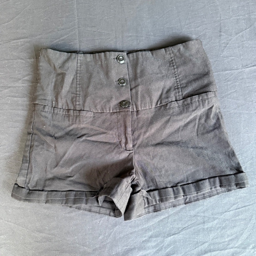 Love Culture Womens High Waisted‎ Shorts Black Button Fly Cuffed Hem A0033